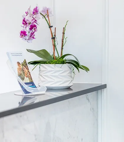 An orchid on the marble reception counter.